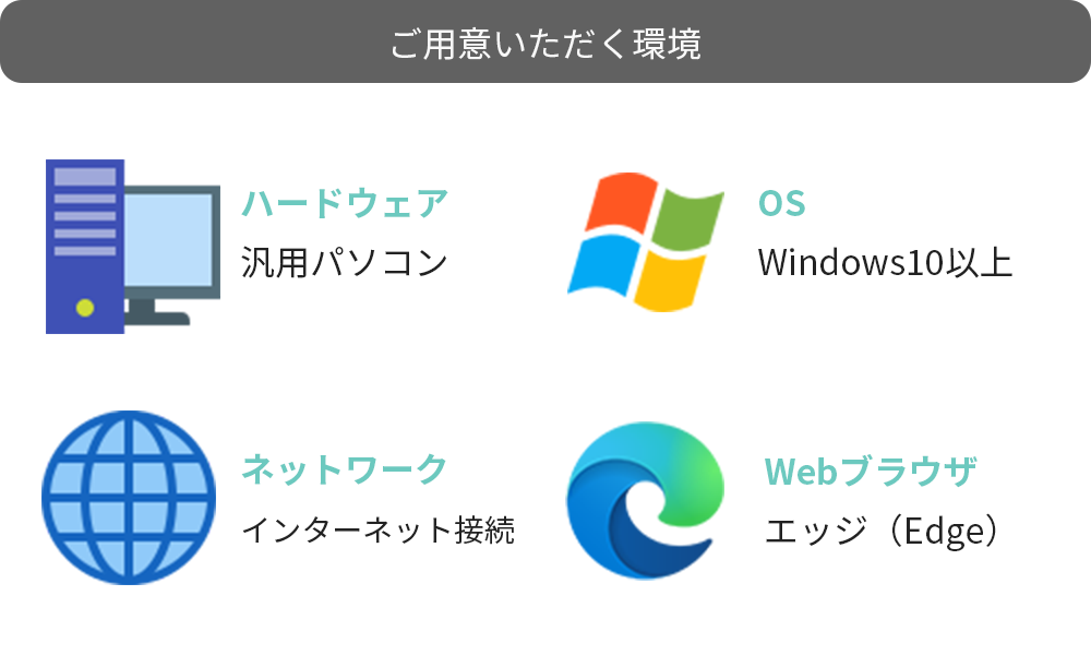 ご用意いただく環境は、汎用パソコン、windows8.1以降のOS、インターネット接続、Webブラウザ